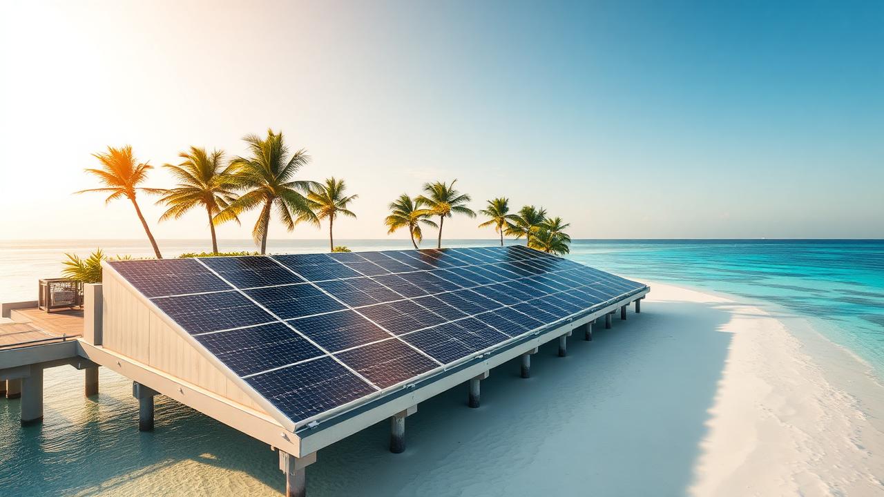 Solar panels on a luxury Maldives resort near turquoise water